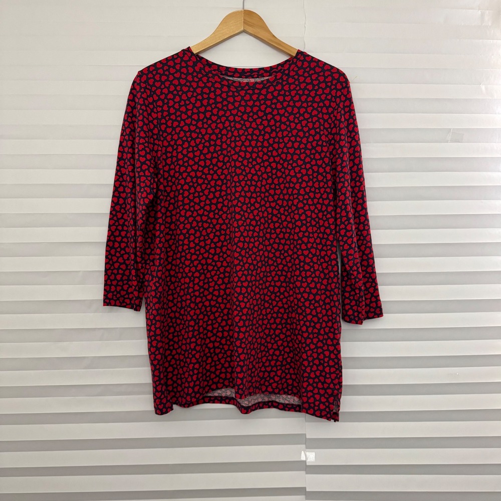 Lands End Womens Large Red Navy Blue Heart Print 100% Cotton 3/4 Sleeve T-Shirt